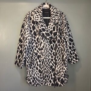 Banana Republic Animal Print Faux Fur Longline Moto Jacket Size M Black & White